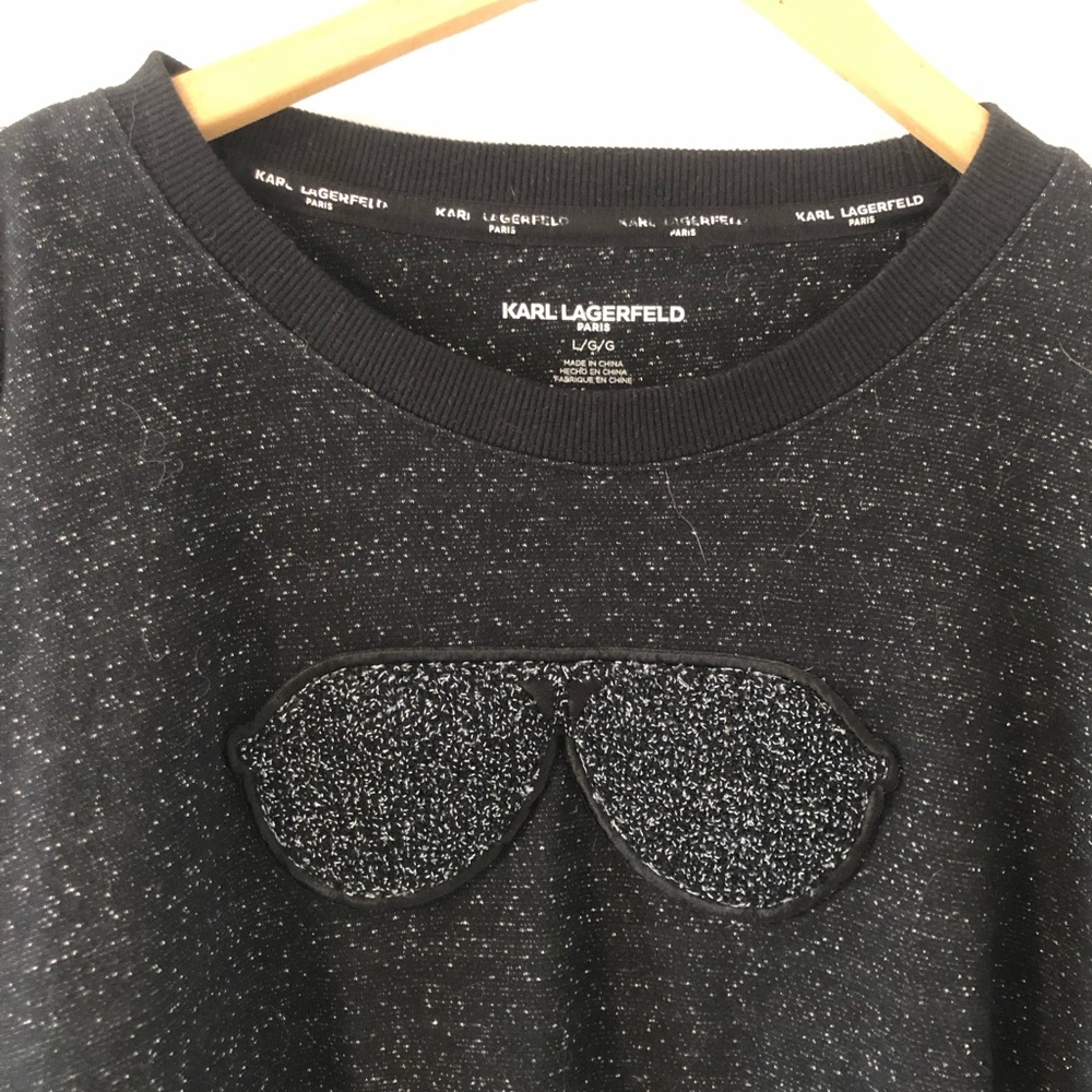 Karl Lagerfeld Black Speckled Crewneck Sweater with Sunglasses Patch